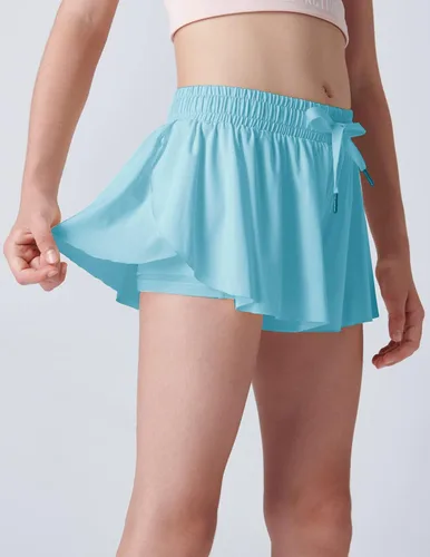 Miniatura 3 de Paquete de 3 pantalones cortos fluidos para niñas con forro de elastano, 2 en 1, faldas de mariposa para jóvenes, para fitness, correr, deportes