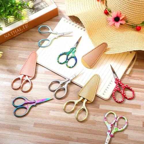 Miniatura 7 de Therwen 12 tijeras de bordado de 3.6 pulgadas con cubierta de cuero artificial, tijeras de costura, acero inoxidable, artesanías vintage