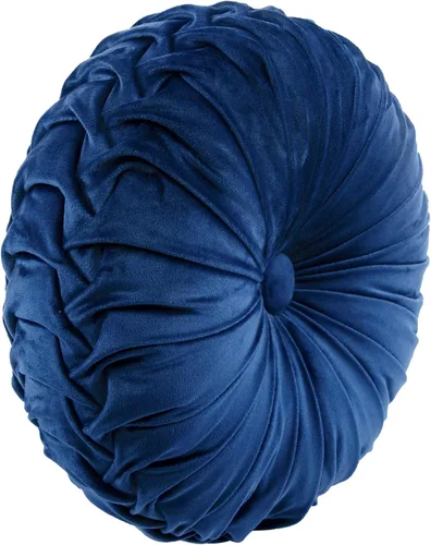 Miniatura 2 de Lush Decor Almohada decorativa redonda plisada de terciopelo suave, 1 unidad, 15 pulgadas de diámetro, almohada redonda de felpa azul marino, cojín