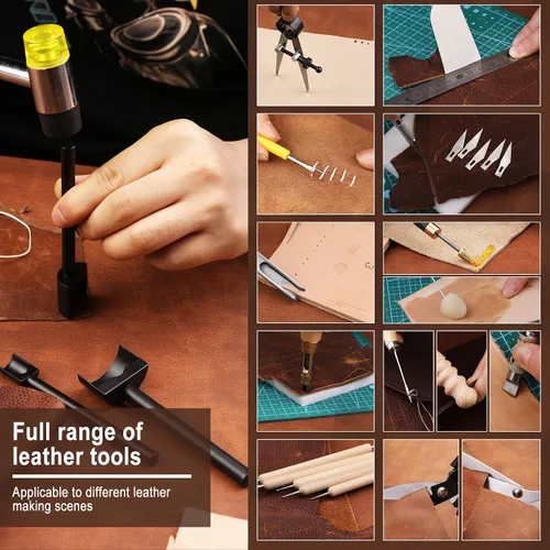 Miniatura 6 de Tikjiua 456 piezas de herramientas para trabajar el cuero con delantal y bolsa de herramientas, kit de manualidades de cuero con herramientas