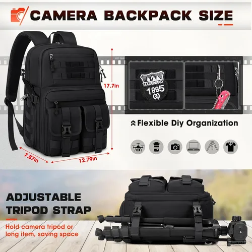 Miniatura 5 de RAINSMORE Mochila para cámara DSLR/SLR/SLR/sin espejo, para fotógrafos, 15.6 pulgadas, impermeable, funda táctica para fotografía con cubierta
