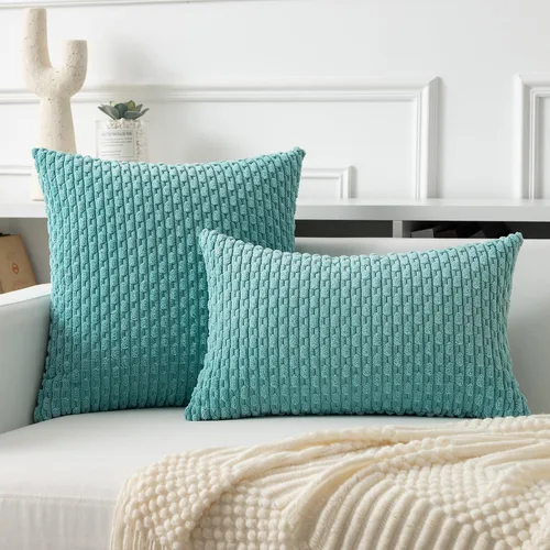 Miniatura 180 de K Kevin Textile - Juego de 2 fundas de almohada decorativas de corduroy suave azul con rayas estilo bohemio, fundas de almohada para sofá, cama