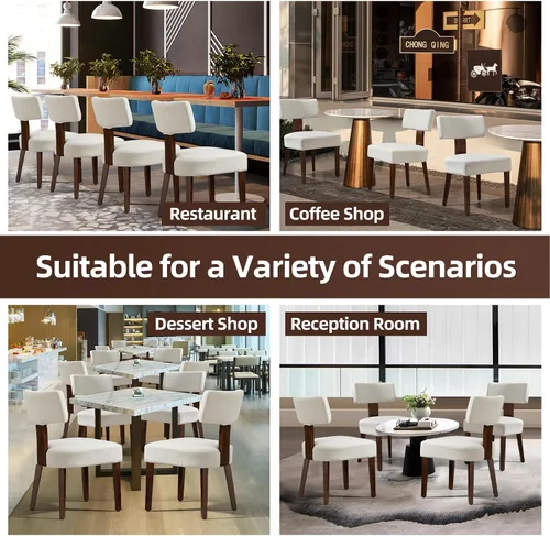 Miniatura 5 de Juego de 4 sillas de comedor, sillas de cocina de tela tapizada en madera, silla acolchada de lino sin brazos con respaldo curvo acentuado