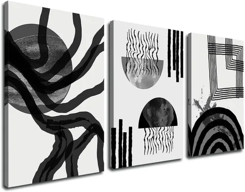 Arte de pared abstracto bohemio en blanco y negro, 3 piezas, lienzo estirado y enmarcado, pintura de tinta fluida negra, arte de pared de línea