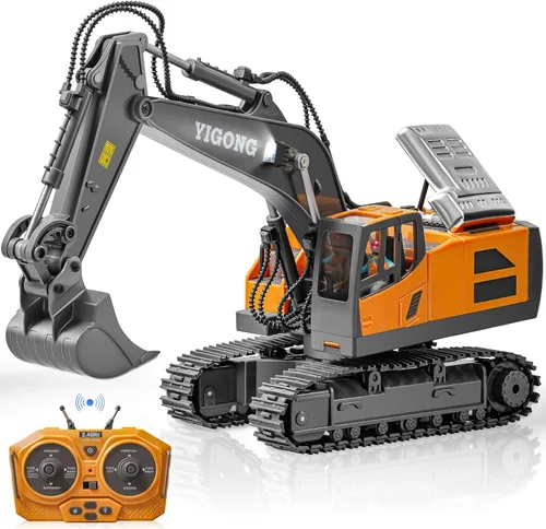 Excavadora de juguete a control remoto, excavadora de construcción RC de 11 canales con pala de metal, luces y sonidos, excavadora todoterreno