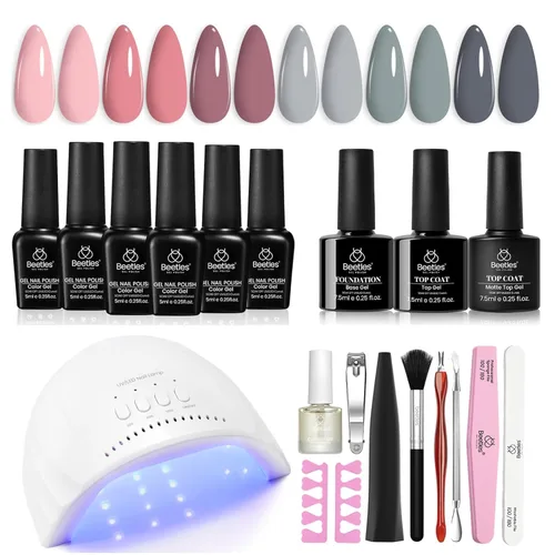 Miniatura 10 de Kit de esmalte de uñas de gel Beetles con luz UV, kit inicial de esmalte de gel semipermanente, lámpara LED de uñas en tonos gris, morado, malva