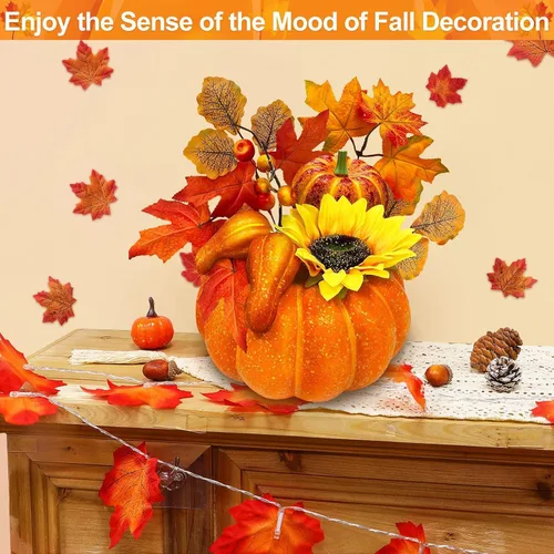 Miniatura 3 de Temporizador y preiluminado: decoraciones de Acción de Gracias, calabaza, calabaza artificial con hojas de arce, girasol, bayas, 20 luces LED