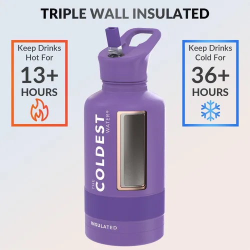 Miniatura 2 de Coldest - Botella para agua con tapa que incluye pajilla, térmica y metálica (acero inoxidable), para hombres y mujeres, color morado