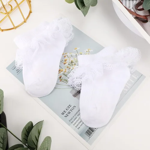 Miniatura 5 de AQOKKA Paquete de 4 calcetines de encaje con ojales y volantes, calcetines de encaje para recién nacidos, niños pequeños, con volantes de verano