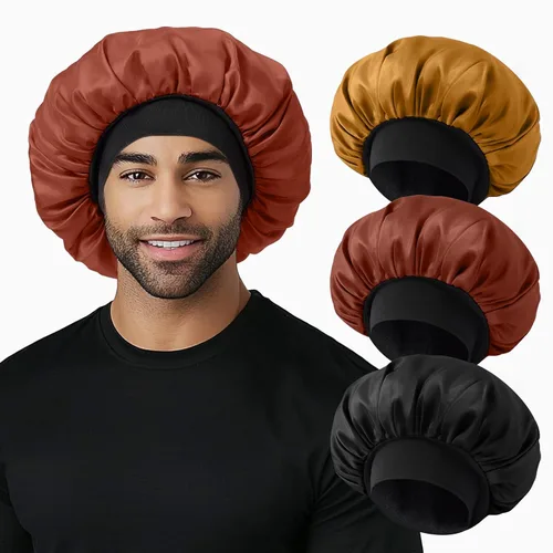 Miniatura 10 de Gorro para hombre, gorro de doble capa para dormir, gorro de dormir ajustable con banda elástica, gorros de satén de seda para trenzas de cabello