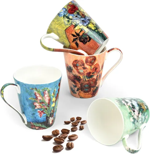 Juego de 4 tazas de café, tazas de porcelana de porcelana de hueso de 12 onzas con impresión artística, mango grande, apto para lavavajillas,