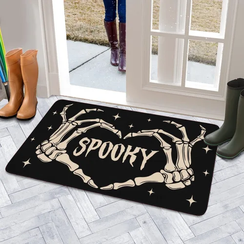 Miniatura 6 de Tapete de bienvenida para puerta de Halloween, divertido esqueleto para decoración del hogar, antideslizante, para interiores y exteriores, 17 x 30