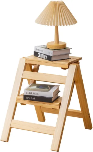 Miniatura 10 de Latifolia Escalera plegable de 3 escalones, taburete de madera con protector de suelo, estante decorativo para sala de estar, cocina, jardín (nogal)