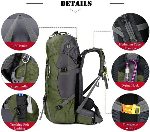 Miniatura 3 de Bseash Mochila impermeable de 60 L para senderismo y campamento con cubierta para lluvia, mochila grande para deportes al aire libre, mochila