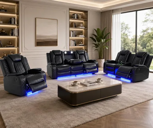 Pon Living - Lujoso juego de sofá reclinable de cuero con LED, juego de sofá reclinable eléctrico, juegos de muebles de sala con portavasos/puerto