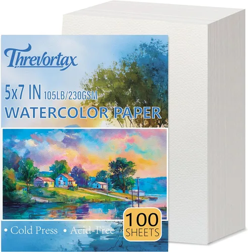 Threvortax 100 piezas de papel de acuarela de 5 x 7 pulgadas, 105 libras/230 GSM, papel de color de agua de prensa en frío para estudiantes y