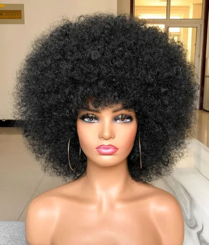 Peluca Afro Corta con Flequillo para Mujeres Negras, Peluca Afro Rizada Esponjosa de Calidad, Peluca Afro Sintetica Grande de los 70 (Negra)