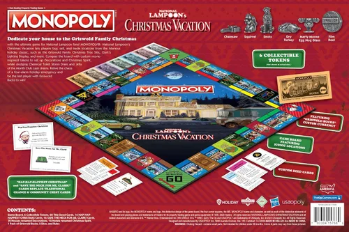 Miniatura 2 de Monopoly Vacaciones de Navidad de National Lampoons, con fichas temáticas de ardilla, taza de ponche de huevo, motosierra y más, 2-6 jugadores