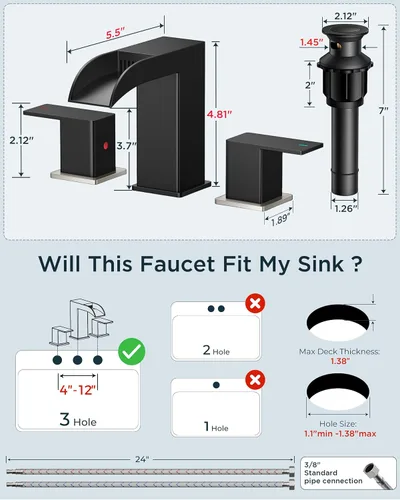 Miniatura 2 de FORIOUS Grifos cuadrados de baño de níquel cepillado y negro de 3 agujeros, cascada de 8 pulgadas, grifo de lavabo de baño con drenaje emergente