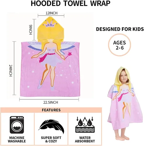 Miniatura 5 de Gealaek - Toalla con capucha 100% algodón para niños de 2 a 6 años, toalla suave y absorbente para baño, piscina, playa, unisex, diseño de hada Hada