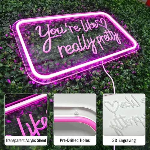 Miniatura 2 de Letrero de neón con texto en inglés "You're Like Really Pretty Neon", luz de neón LED rosa con atenuador y alimentación USB, decoración de pared