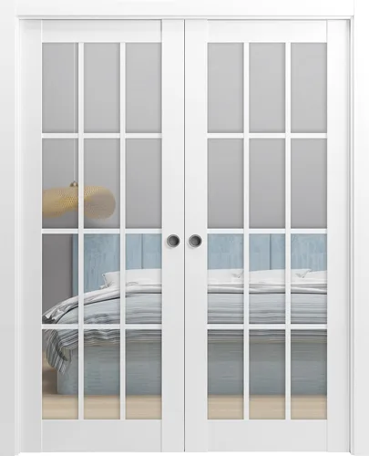 SARTODOORS Felicia 3355 - Puertas correderas francesas de doble bolsillo de 60 x 96 pulgadas, vidrio transparente, 12 lites, color blanco mate, kit