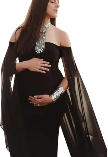 Miniatura 2 de Vestido de maternidad elegante con hombros descubiertos para mujer vestido de maternidad ajustado de gasa manga acampanada vestido de fotografía