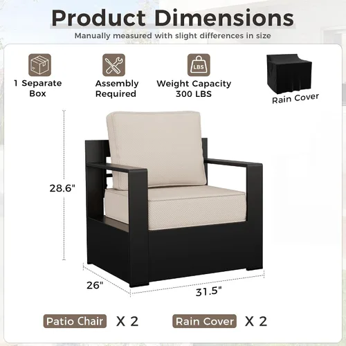 Miniatura 3 de Muebles de Patio al Aire Libre de Aluminio, Sillas de Metal para Todo Clima con Cojines de 6 Pulgadas de Grosor, Asiento Profundo para Jardín, Beige