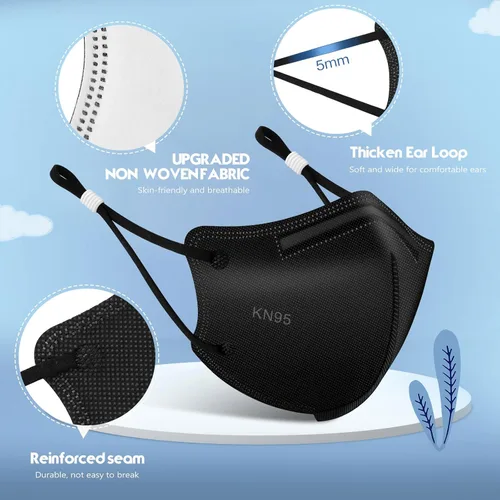 Miniatura 6 de WWDOLL Mascarilla KN95 para niños, paquete de 50 unidades, mascarillas KN95 transpirables de 5 capas para niños, color negro