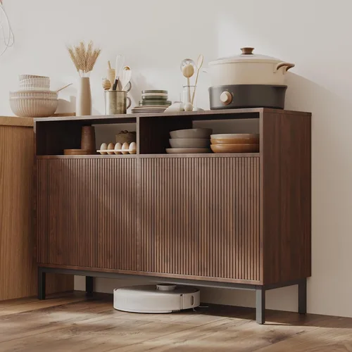 Miniatura 21 de Mericonia Aparador Buffet de Granja con Almacenamiento, Barra de Café Acanalada con Puertas y Estantes Ajustables, Gabinete de Consola de Madera A