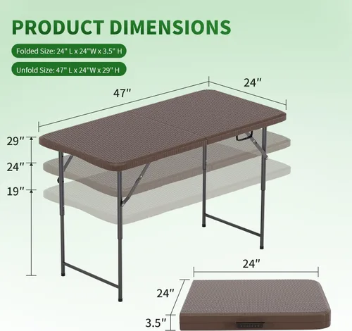 Miniatura 3 de BestOffice Mesa de picnic plegable de 4 pies, mesa de plástico para campamento, cerradura de mesa plegable para eventos de fiesta, color marrón