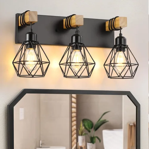 Miniatura 20 de Lámparas blancas para tocador de baño, luminarias de baño de madera de 2 luces sobre el espejo, apliques rústicos de pared con elegante pantalla