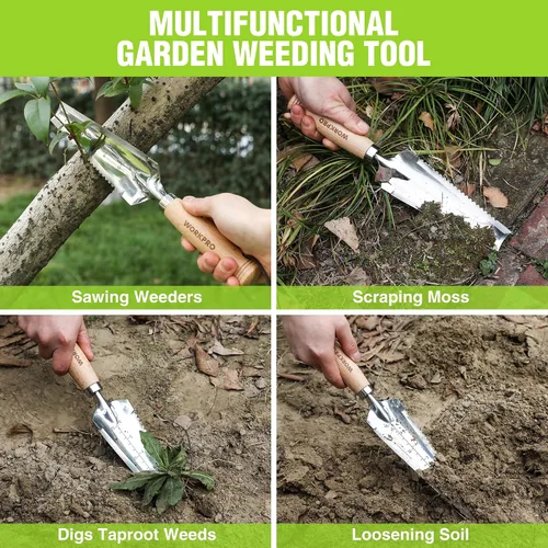 Miniatura 5 de WORKPRO Paleta de jardín con mango de madera, pala de mano estrecha de acero inoxidable, paleta de jardín plana multiusos para plantar, deshierbar