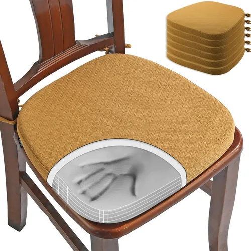 BUYUE Juego de 6 cojines para silla de espuma viscoelástica de lujo, cojines para silla de comedor en forma de U de 16" de jacquard, cómodos, Ocher