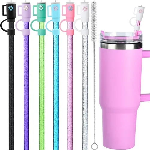 12 paquetes de pajitas brillantes de repuesto y fundas para taza de viaje Stanley Adventure de 40 oz, pajitas brillantes reutilizables con cepillo