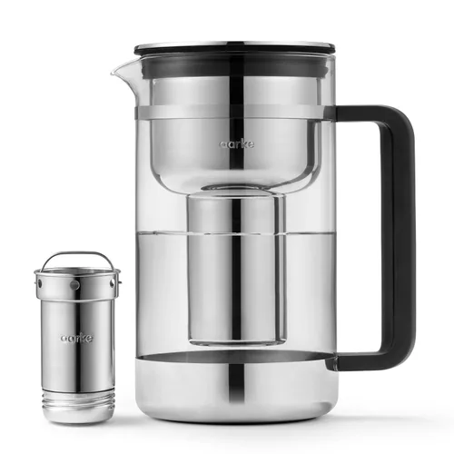 Aarke Purificador - Jarra de filtro de agua de vidrio y acero inoxidable de alta calidad, sistema de filtro recargable y gránulos, jarra de 2.8 L