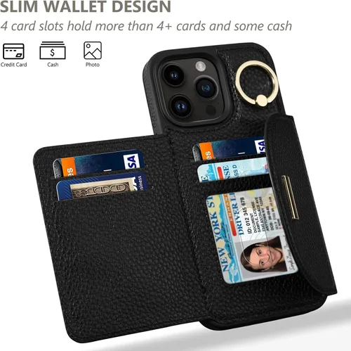 Miniatura 2 de Funda tipo cartera para iPhone 15 Pro de 6.1'', funda plegable con ranuras para tarjetas, soporte con anillo y atril, cubierta protectora tipo folio