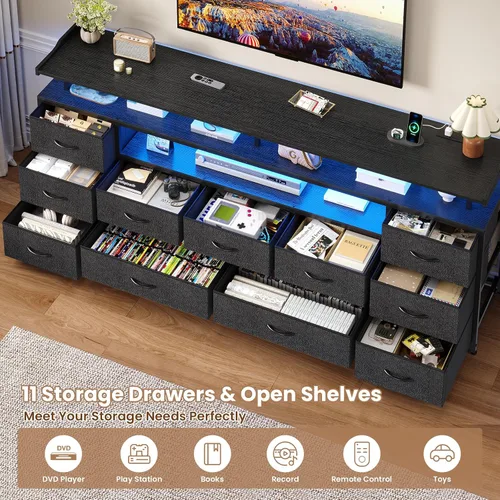 Miniatura 7 de ADORNEVE Soporte de TV para TV de 65 pulgadas, mesa consola de TV de 63" de ancho con luces LED y estación de carga, cómoda larga con 11 cajones