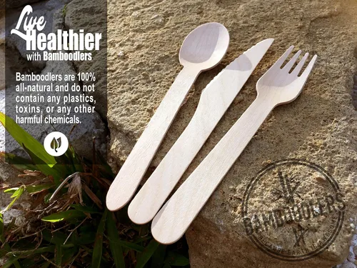 Miniatura 4 de juego de cubiertos de madera desechables 100 % natural, ecológico, biodegradable y compostable ¡La tierra es genial! 200 utensilios de 6.5