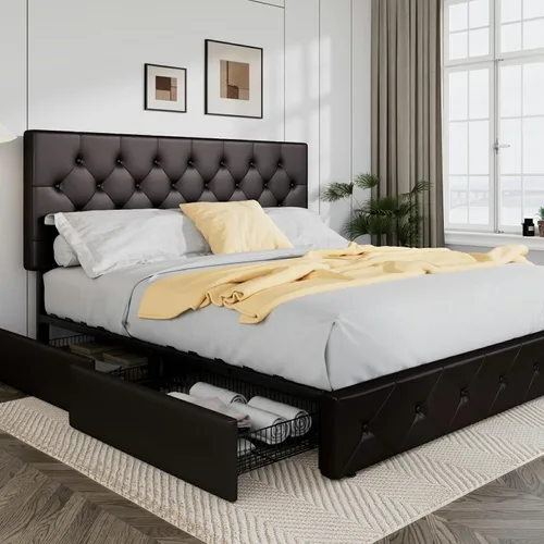 Miniatura 31 de Allewie - Base de cama tapizada de tamaño Full con plataforma, con 4 cajones de almacenamiento y cabecero, diseño cosido en cuadrados con botones