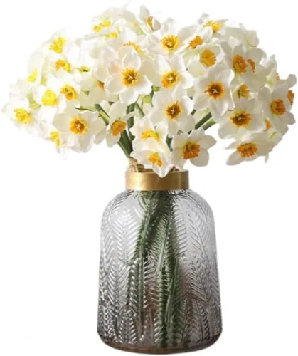 18 flores artificiales blancas de narcisos artificiales de tacto real, flores de narcisos de seda sintética con tallos, arreglo floral para fiestas,
