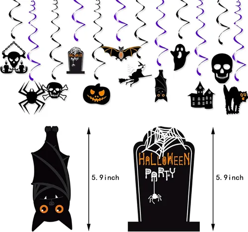 Miniatura 2 de Decoración para fiesta de Halloween, murciélagos, brujas, serpentinas, 12 piezas espeluznantes de fantasmas, calaveras, esqueletos, calabaza, gatos