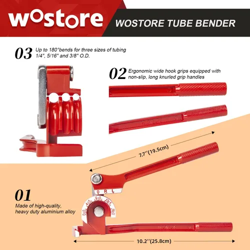 Miniatura 3 de Wostore Dobladora de tubos de 180 grados, 3 en 1 para 1/4" 5/16" 3/8" OD, Dobladora de tubos de acero mecanizado 0-180° con agarre antideslizante