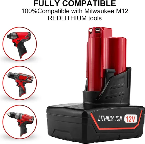 Miniatura 3 de energup Paquete de 2 baterías de repuesto de 6500mAh 12V para Mil-Waukee de 12 voltios + kit de cargador, para 48-11-2440 48-11-2411 48-11-2410
