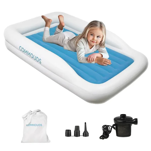 COMMOUDS Cama de viaje portátil para niños pequeños con protectores de seguridad, colchón de aire inflable para niños con bomba eléctrica, colchón