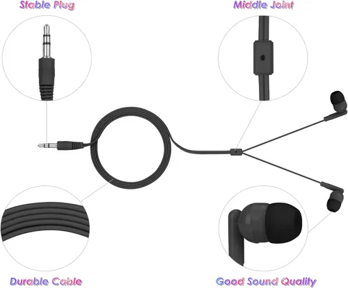 Miniatura 2 de Paquete de 100 auriculares a granel para el aula con cable en el oído, desechables para estudiantes, negros envueltos individualmente para viajes