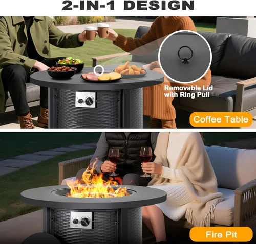 Miniatura 7 de Nuu Garden Mesa redonda de propano de 30 pulgadas para exteriores, con certificación CSA, hoguera de gas 2 en 1 con marco de metal en relieve