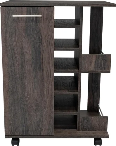 Tuhome Carrito de bar, dos estantes externos, cuatro ruedas, seis estante de vino incorporado, gabinete de una sola puerta -Espresso
