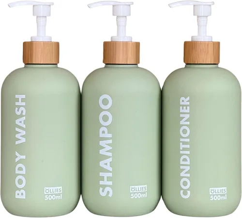 Dispensador de Champú y Acondicionador OLLIES, Dispensador de Jabón de Ducha para Baño - Juego de 3 con Etiqueta Elegante Permanente - Botellas