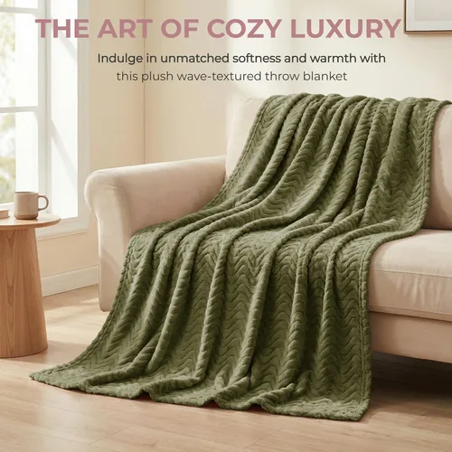 Miniatura 7 de Exclusivo Mezcla - Manta para sofá con textura ondulada decorativa, mantas de vellón ligeras y acogedoras, adecuadas para invierno, verde oliva, 50